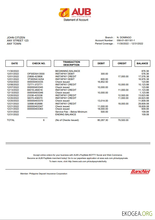Relevé de compte de la Philippines Asia United Bank (AUB)